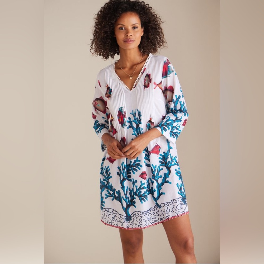 Soft Surroundings White and Blue Coral Print Cover-Up